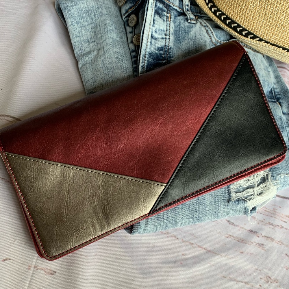 Sole Society metallic burgundy vegan leather tri colored clutch new